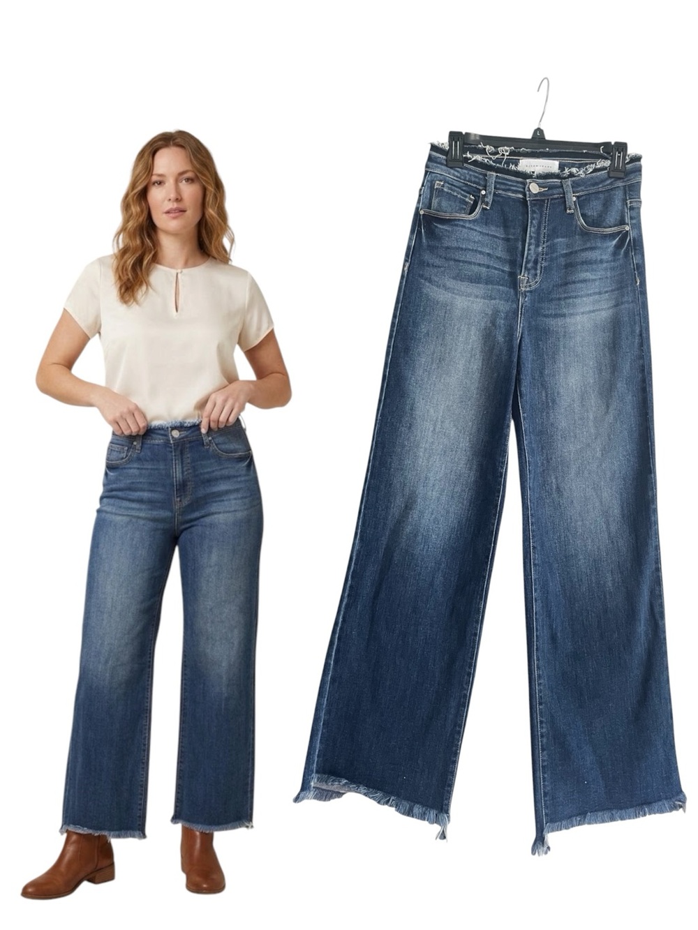 RISEN Double Raw Hem Jeans 7/28 Frayed Waistband Wide Leg High Rise 11"